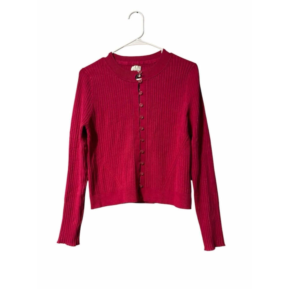 NEW Maeve Ribbed Crew-Neck Cardigan Sweater In Raspberry Size L - Picture 3 of 8